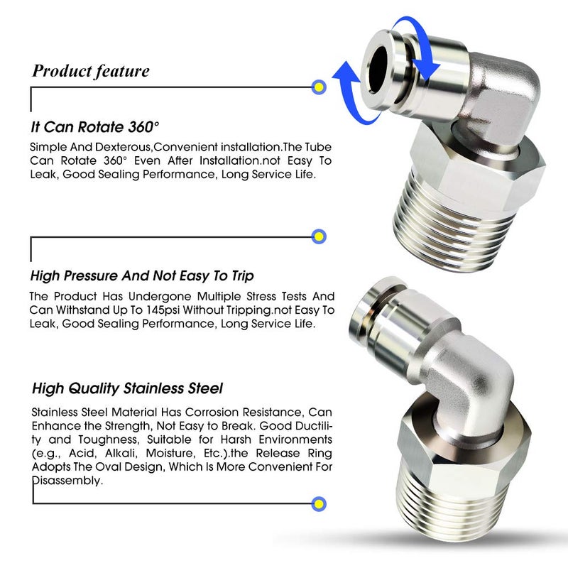 TAILONZ PNEUMATIC 304 Stainless Steel Male Elbow - 1/4 Inch Tube OD x 3/8 Inch NPT Thread 90 Push to Connect Tube Fitting PL-1/4-N3 (Pack of 2) - Image 5